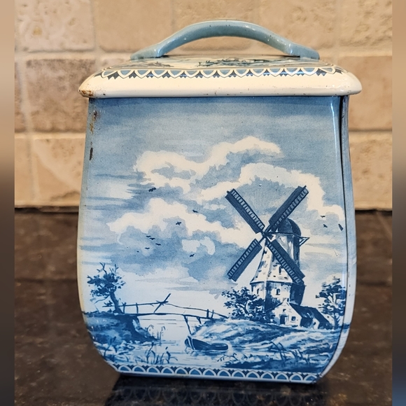 Vintage Blue and Ivory MFM Biscuit or Tea Tin Decorated with Ships and Windmills - Picture 2 of 13